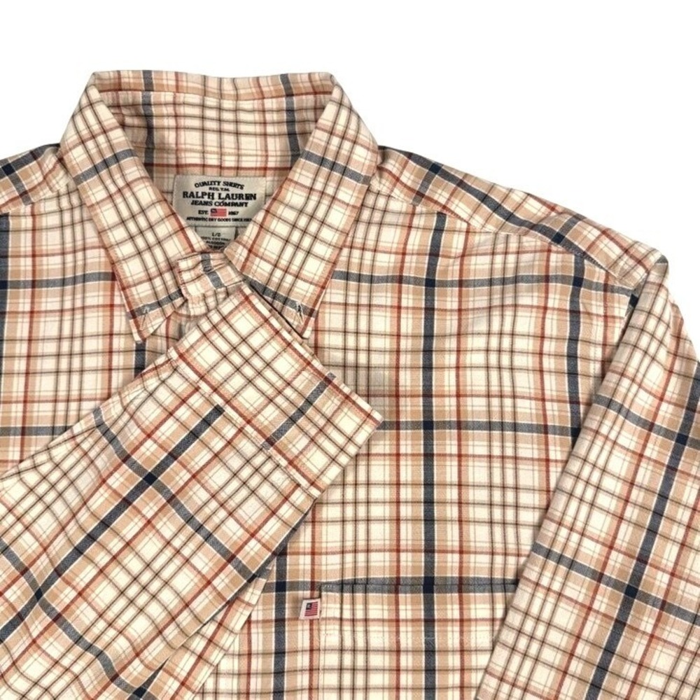Ralph Lauren Jeans Company Mens Large Tan Plaid Button Down Cotton Shirt L/G